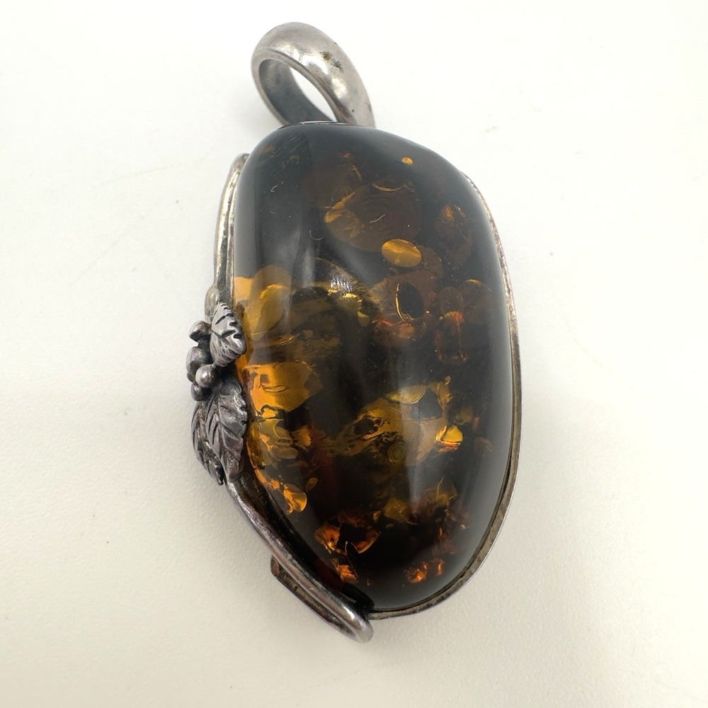 Vintage Sterling Silver Baltic Amber Pendant Deep Cognac Honey Color 11.8g 1.75"